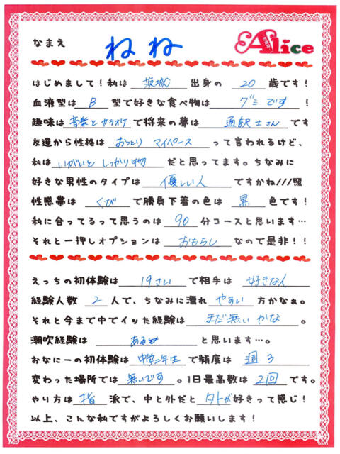 ねね 究極の素人専門店Alice-アリス-（デリヘル）