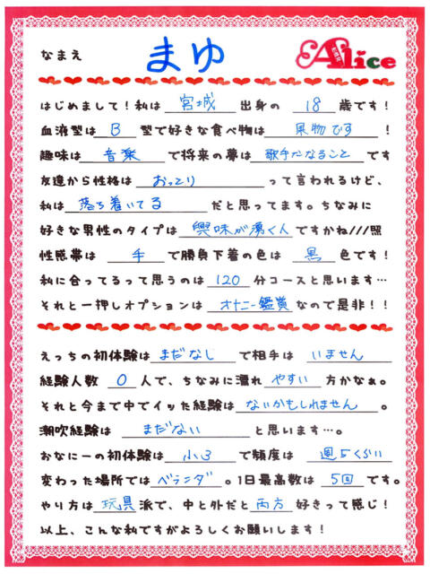 まゆ 究極の素人専門店Alice-アリス-（デリヘル）