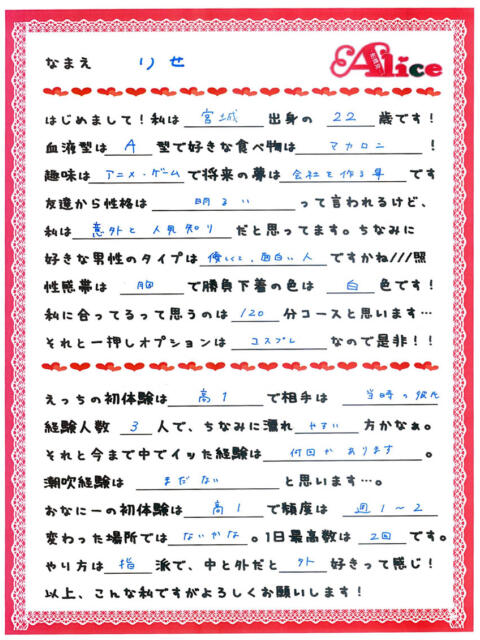 りせ 究極の素人専門店Alice-アリス-（デリヘル）