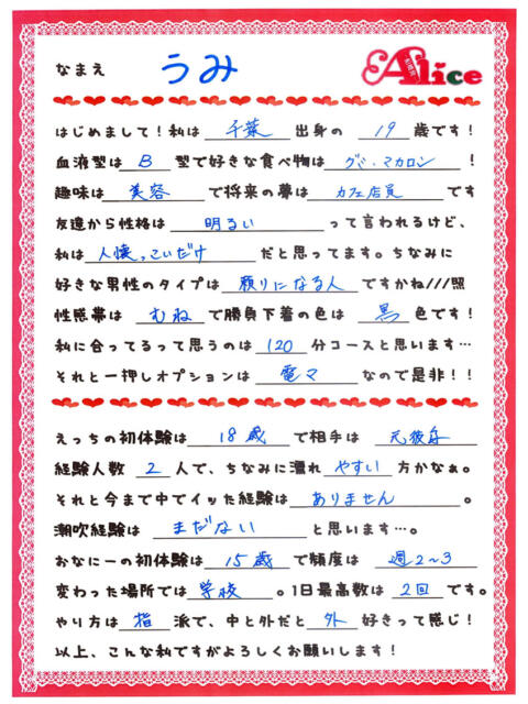 うみ 究極の素人専門店Alice-アリス-（デリヘル）