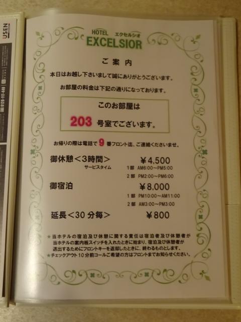 ホテル エクセルシオ(新宿区/ラブホテル)の写真『203号室　料金表』by 名無しさん（ID:16165）