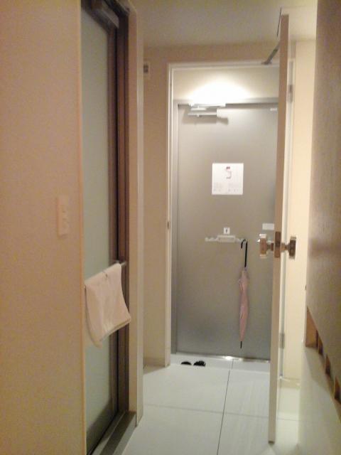 HOTEL IROHA（イロハ）(港区/ラブホテル)の写真『202号室 廊下(居室側)より玄関を望む  左：浴室ドア、右：玄関～廊下ドア、右下トイレの飾り窓』by ルーリー９nine