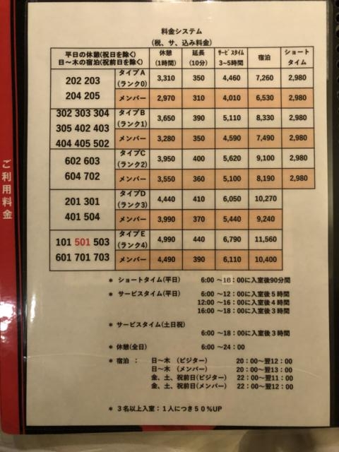 HOTEL SIX（ホテルシックス）(大阪市/ラブホテル)の写真『平日値段表』by 輝rin