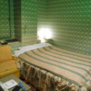 ホテル いこま(長崎市/ラブホテル)の写真『201号室、ベッドと側灯、左にソファと机、グリーンで統一されている。』by 猫饅頭