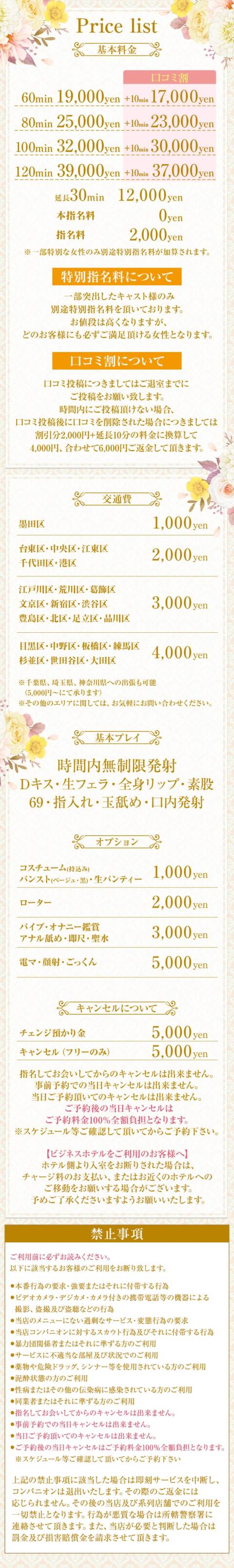 料金システム｜Chloe錦糸町店 S級素人清楚系デリヘル（デリヘル/錦糸町発・近郊）